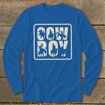 Blue long-sleeve shirt with "COW BOY" text and cowboy silhouettes.