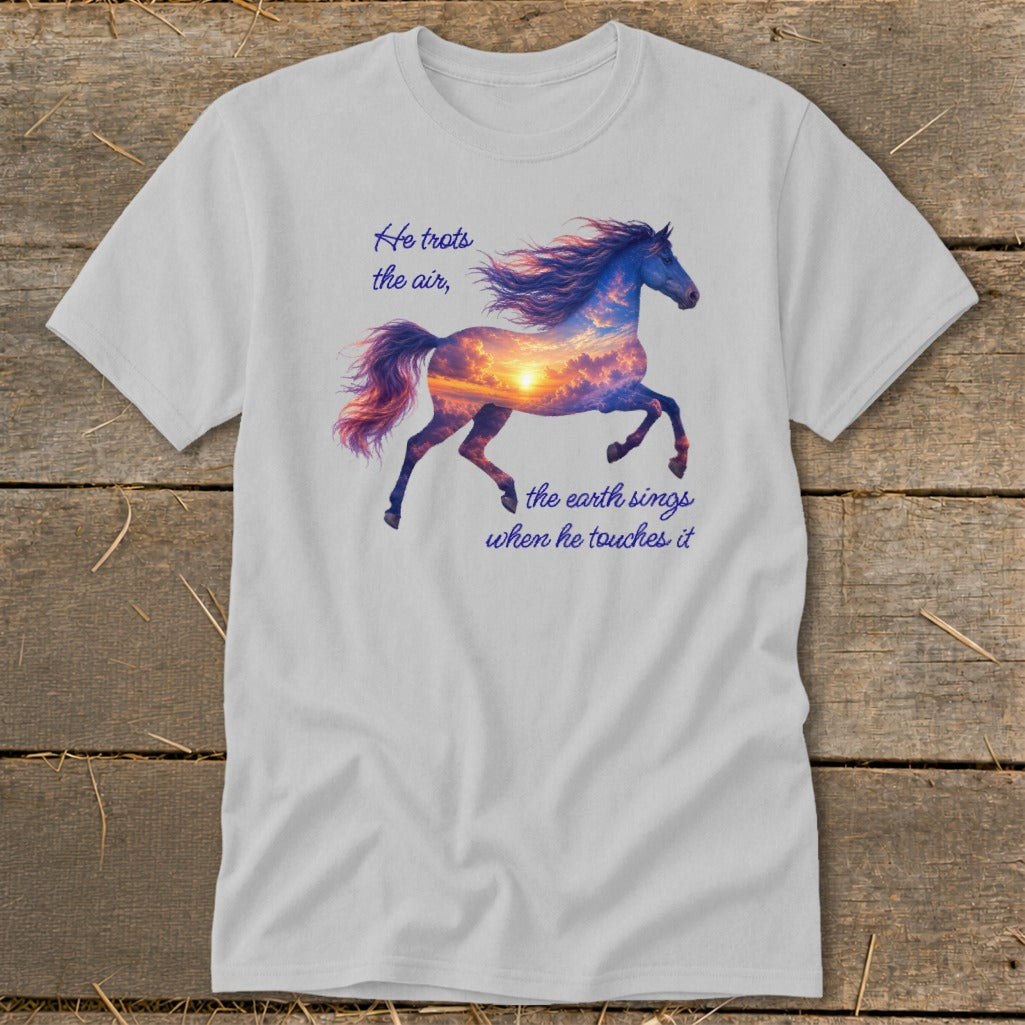 A light grey t-shirt features a running horse graphic filled with a sunset sky and text.