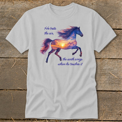 A light grey t-shirt features a running horse graphic filled with a sunset sky and text.