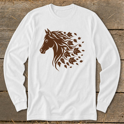 White long-sleeve shirt with a brown horse head and falling leaves design.