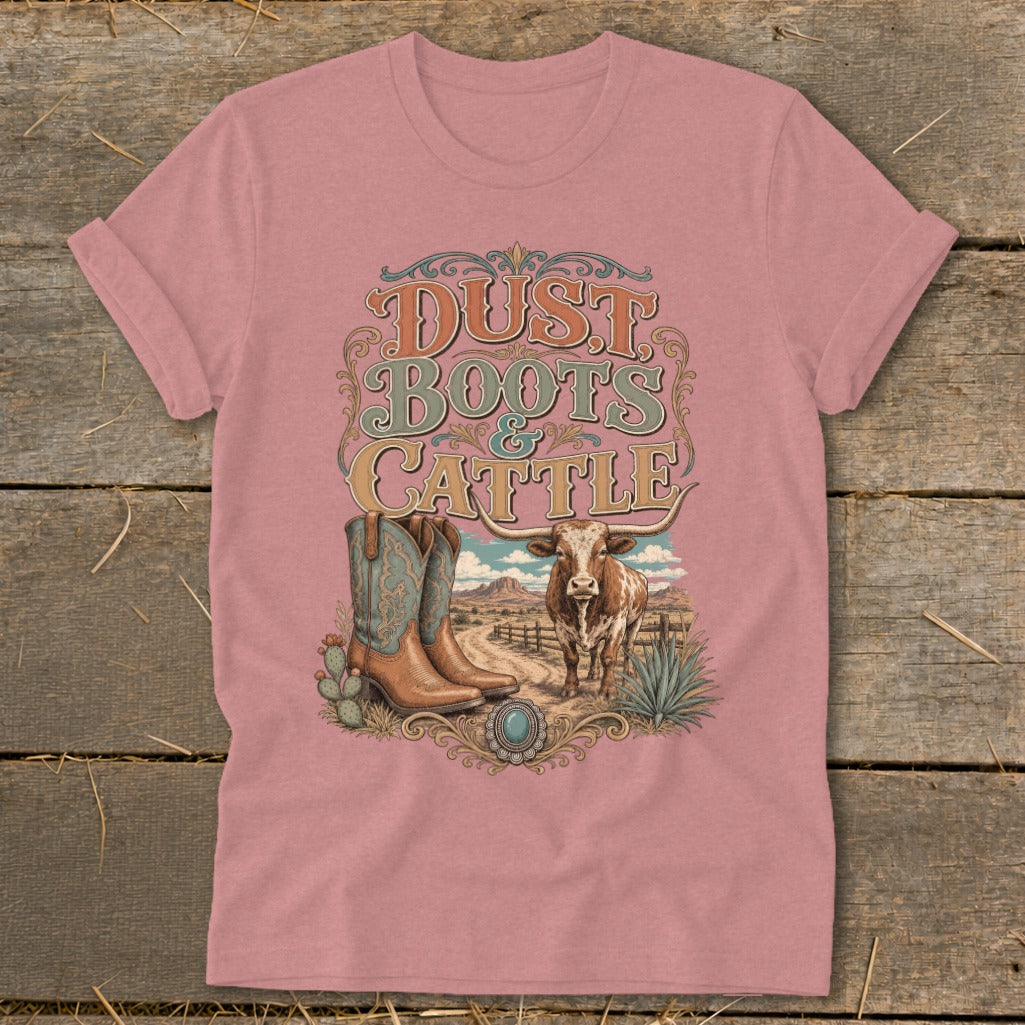 Western graphic tee with "Dust Boots & Cattle" text, boots, cow, and desert landscape.