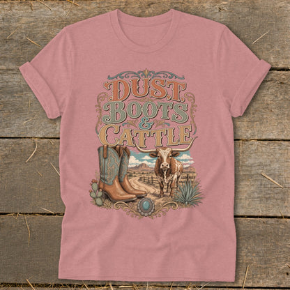 Western graphic tee with "Dust Boots & Cattle" text, boots, cow, and desert landscape.