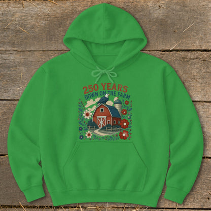 Green hoodie with "250 Years Down on the Farm" graphic and farm scene.