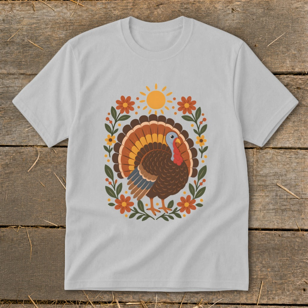 Light gray t-shirt with a Thanksgiving turkey graphic and floral border.