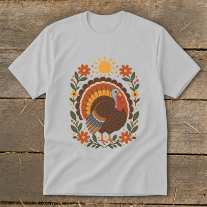 Light gray t-shirt with a Thanksgiving turkey graphic and floral border.