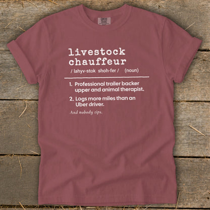 Maroon t-shirt with "livestock chauffeur" definition and humorous descriptions.