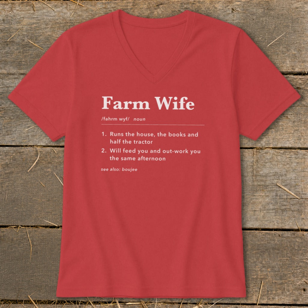 Red t-shirt with "Farm Wife" definition: runs the house, books, tractor, feeds you.