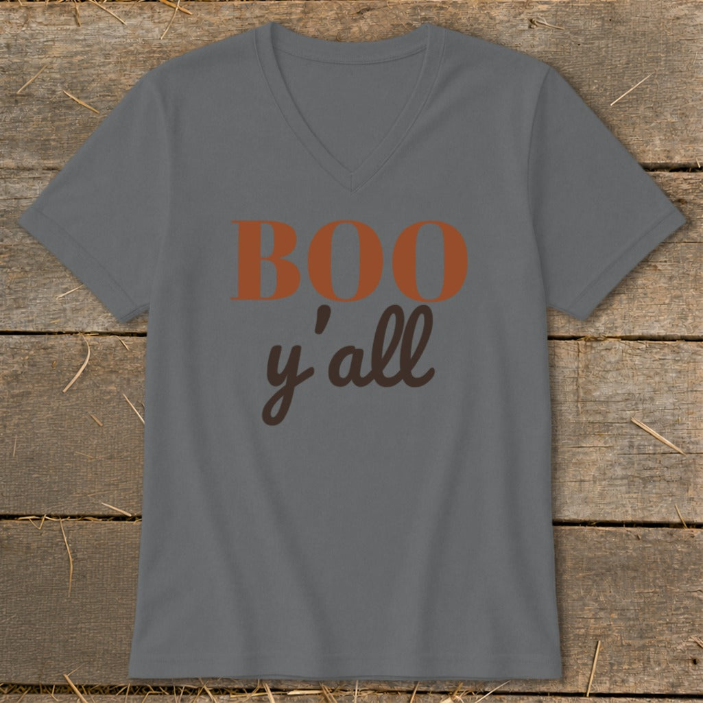 Gray v-neck t-shirt with "BOO y'all" text in orange and brown.