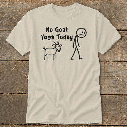 Cream t-shirt with "No Goat Yoga Today" and stick figures of a goat and person.