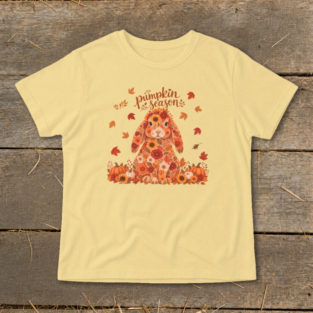 Light yellow t-shirt with a floral bunny design and "pumpkin season" text.