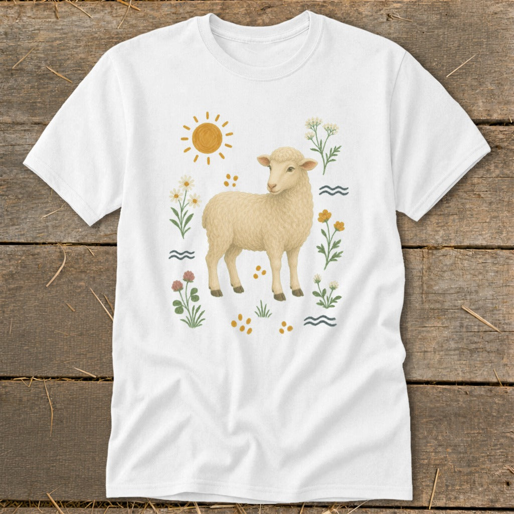 White t-shirt with a cream sheep illustration surrounded by flowers and a sun.