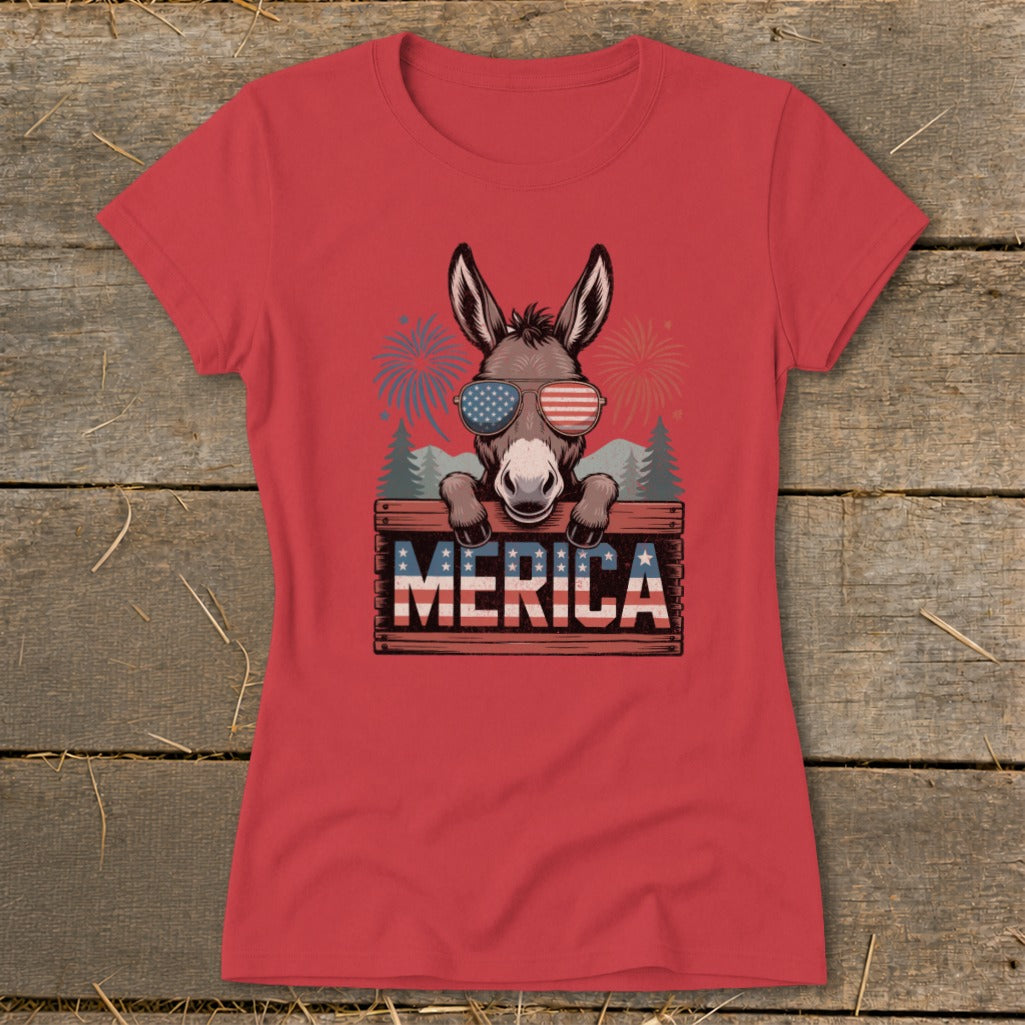 Donkey wearing American flag sunglasses peeking over a "MERICA" sign with fireworks.