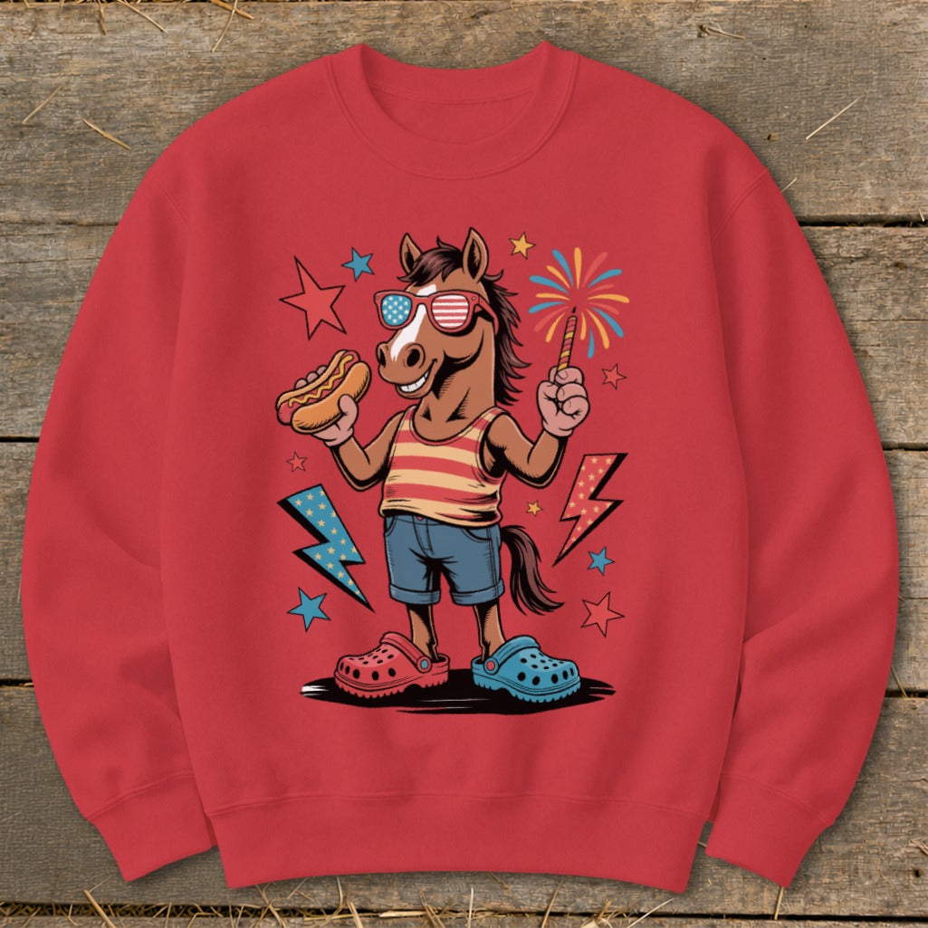 Horse in sunglasses holding hot dog and sparkler with patriotic motifs.