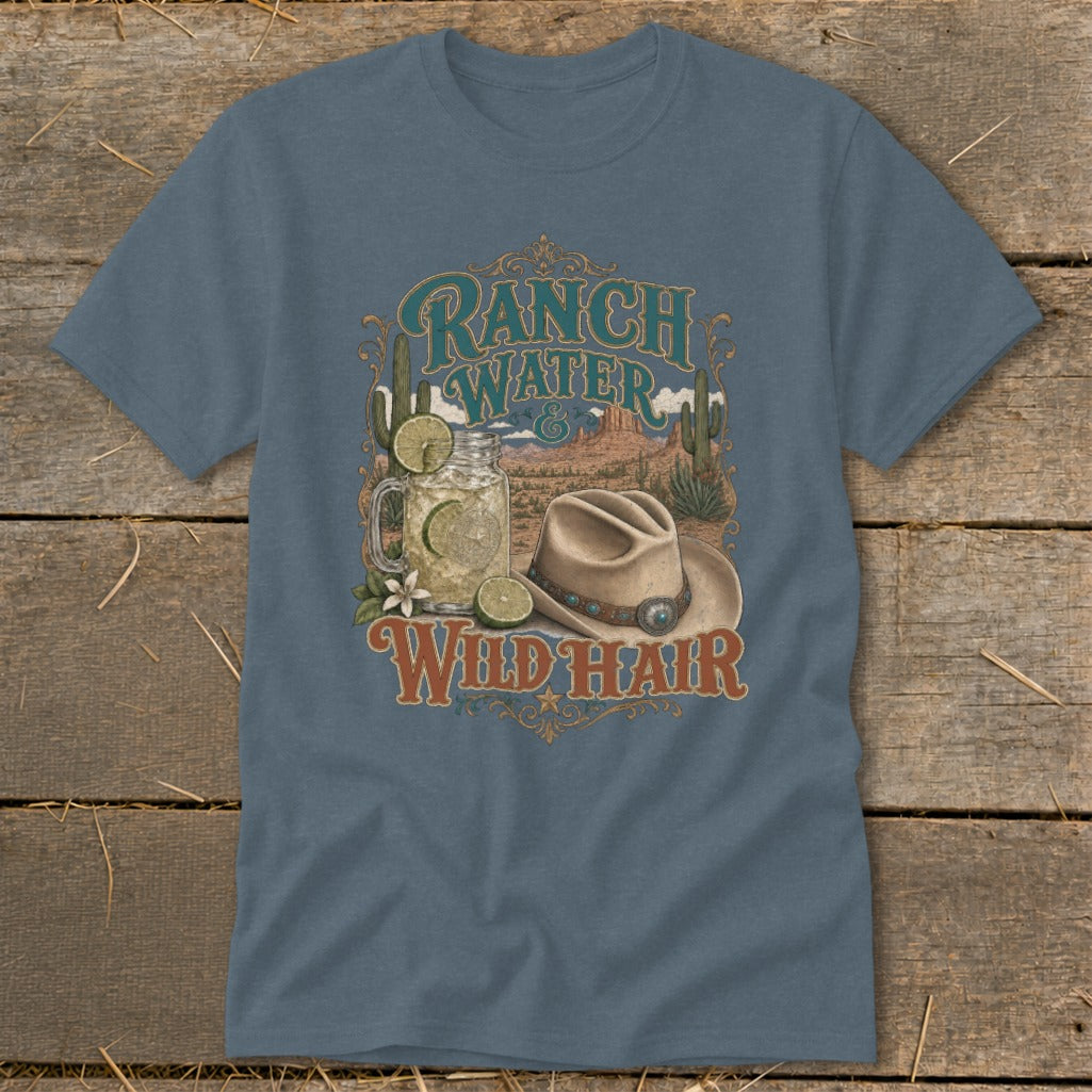 T-shirt graphic with "Ranch Water" and "Wild Hair" text, cactus, drink, and cowboy hat.