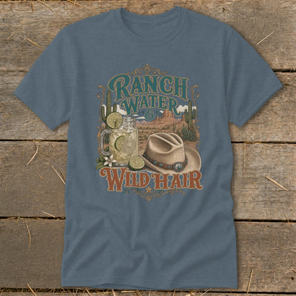 T-shirt graphic with "Ranch Water" and "Wild Hair" text, cactus, drink, and cowboy hat.