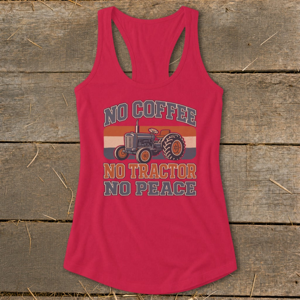 Pink tank top with vintage tractor and text "No Coffee, No Tractor, No Peace".