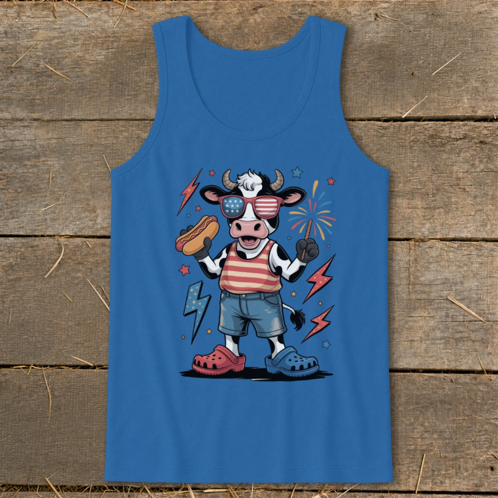 Cartoon cow wearing American flag sunglasses and tank top, holding a hot dog.