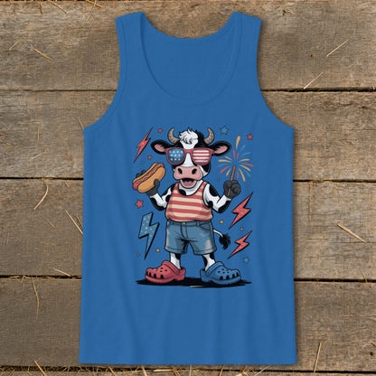 Cartoon cow wearing American flag sunglasses and tank top, holding a hot dog.