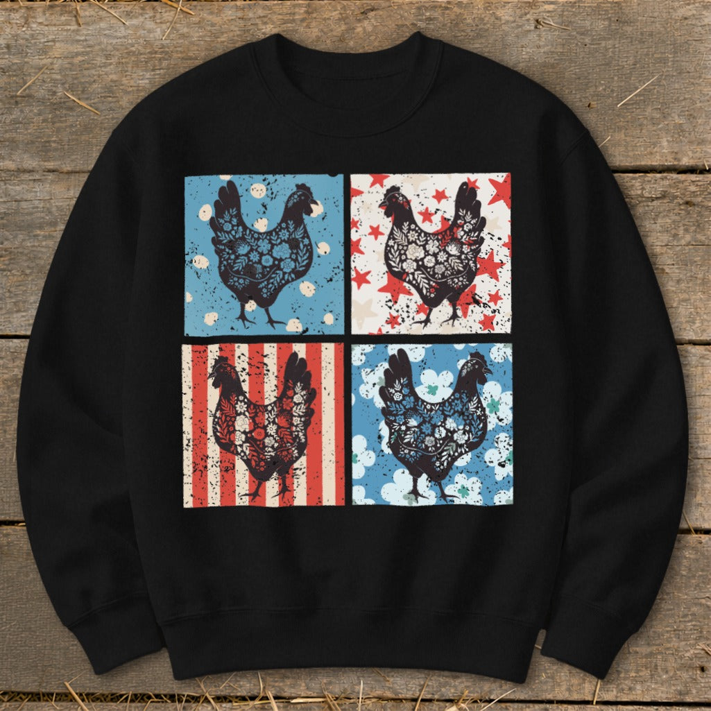 Four chickens with patterned fill on backgrounds of blue, red, and white.