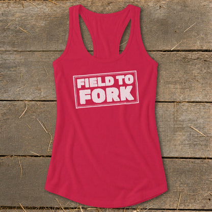 Red racerback tank top with a white bordered box containing the text FIELD TO FORK.