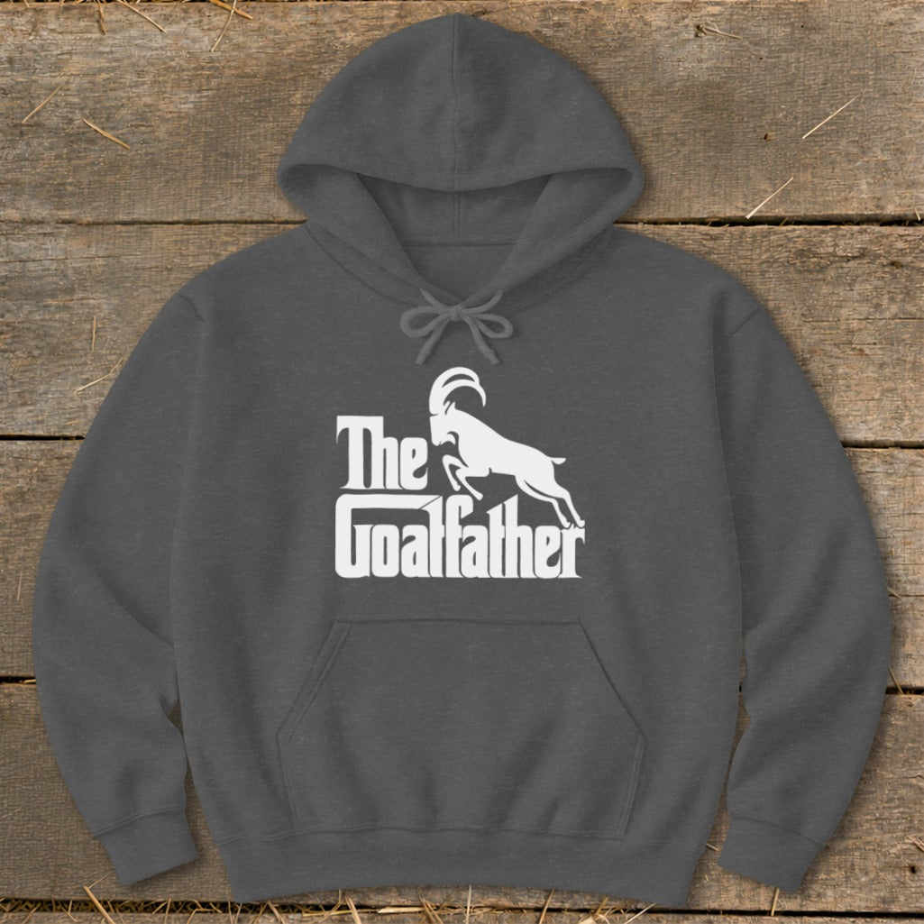 Charcoal hoodie with white "The Goalfather" text and goat graphic.