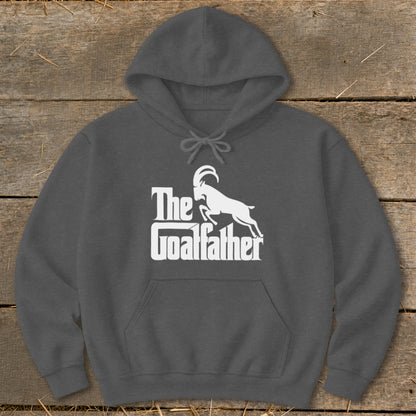 Charcoal hoodie with white "The Goalfather" text and goat graphic.
