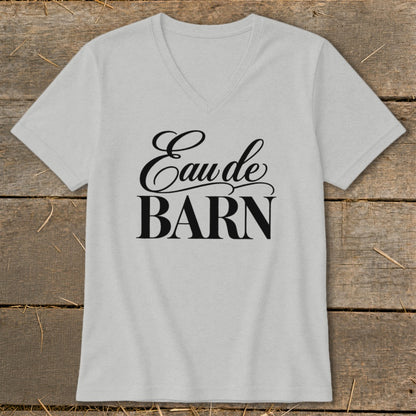 Light gray v-neck t-shirt with black text "Eau de BARN"