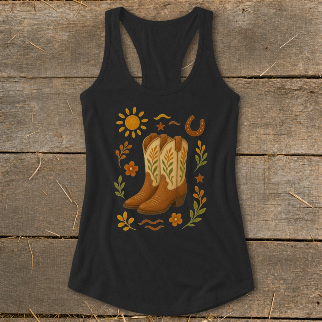 Black tank top with cowboy boots, sun, flowers, leaves, and horseshoe graphic.