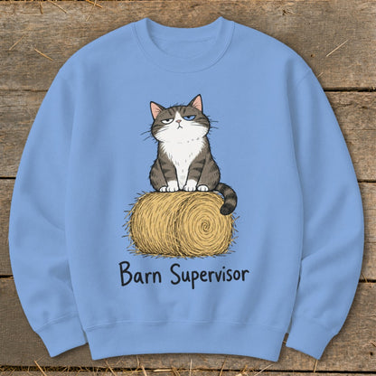 Light blue sweatshirt with a cartoon cat sitting on a hay bale and text "Barn Supervisor".