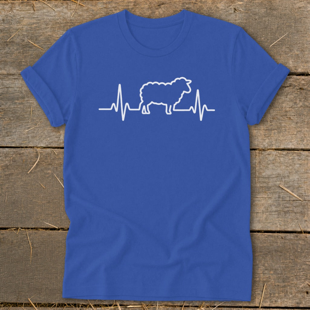 Blue crewneck t-shirt featuring a white graphic of a sheep integrated into a heartbeat line.