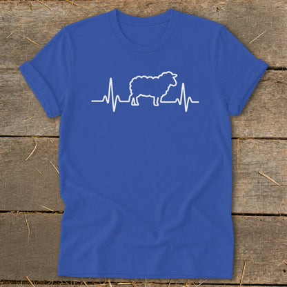 Blue crewneck t-shirt featuring a white graphic of a sheep integrated into a heartbeat line.