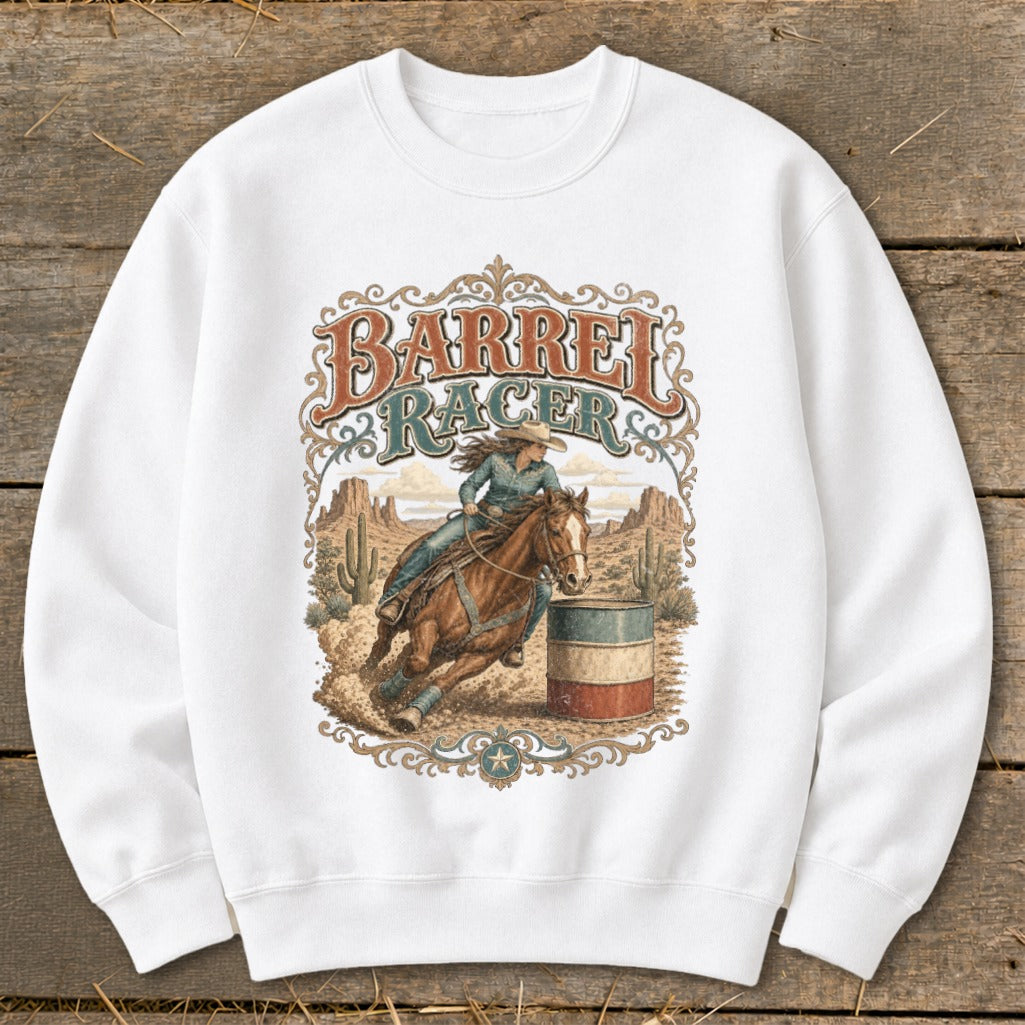 Barrel Racer graphic on white sweatshirt with desert landscape and horse.