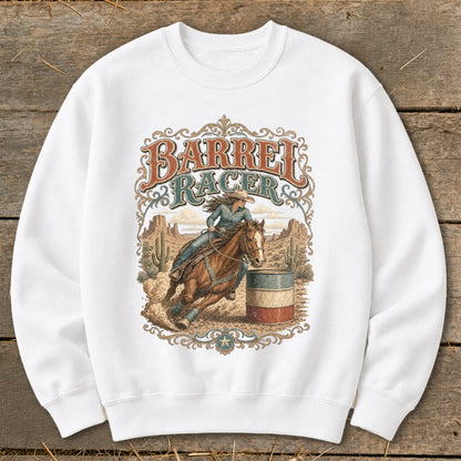 Barrel Racer graphic on white sweatshirt with desert landscape and horse.