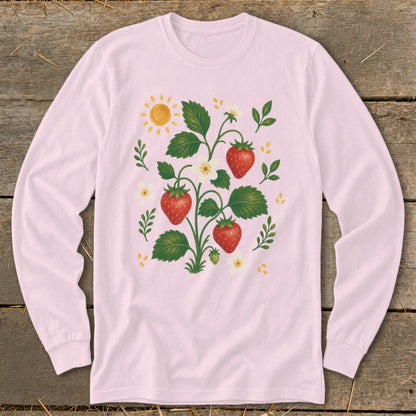 Light pink long-sleeve shirt with a watercolor strawberry plant and sun graphic.