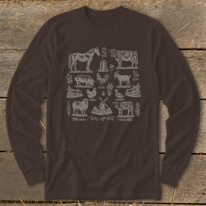 Brown long-sleeve shirt with a vintage farm animal illustration print.