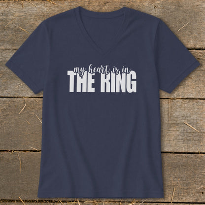 Navy v-neck t-shirt with "my heart is in THE RING" text.