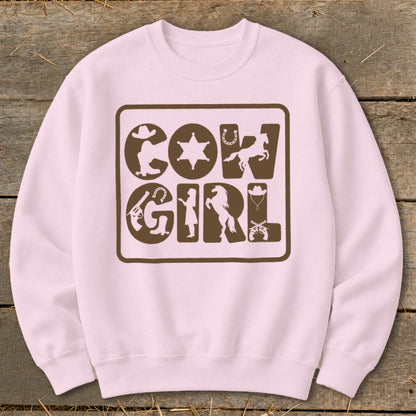 Pink crewneck sweatshirt with brown "Cow Girl" text incorporating western icons.