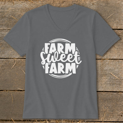 Gray v-neck t-shirt with "Farm Sweet Farm" text in a white circular design.