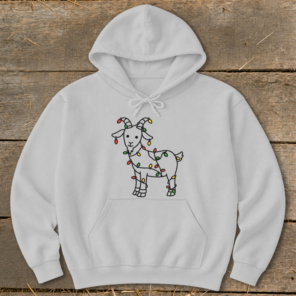 White hoodie with a cartoon goat wrapped in colorful Christmas lights design.