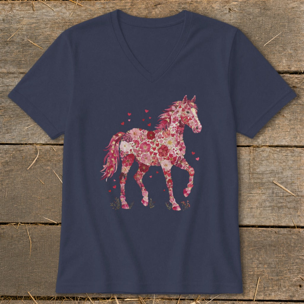 Navy v-neck t-shirt featuring a pink floral horse graphic with small red hearts.
