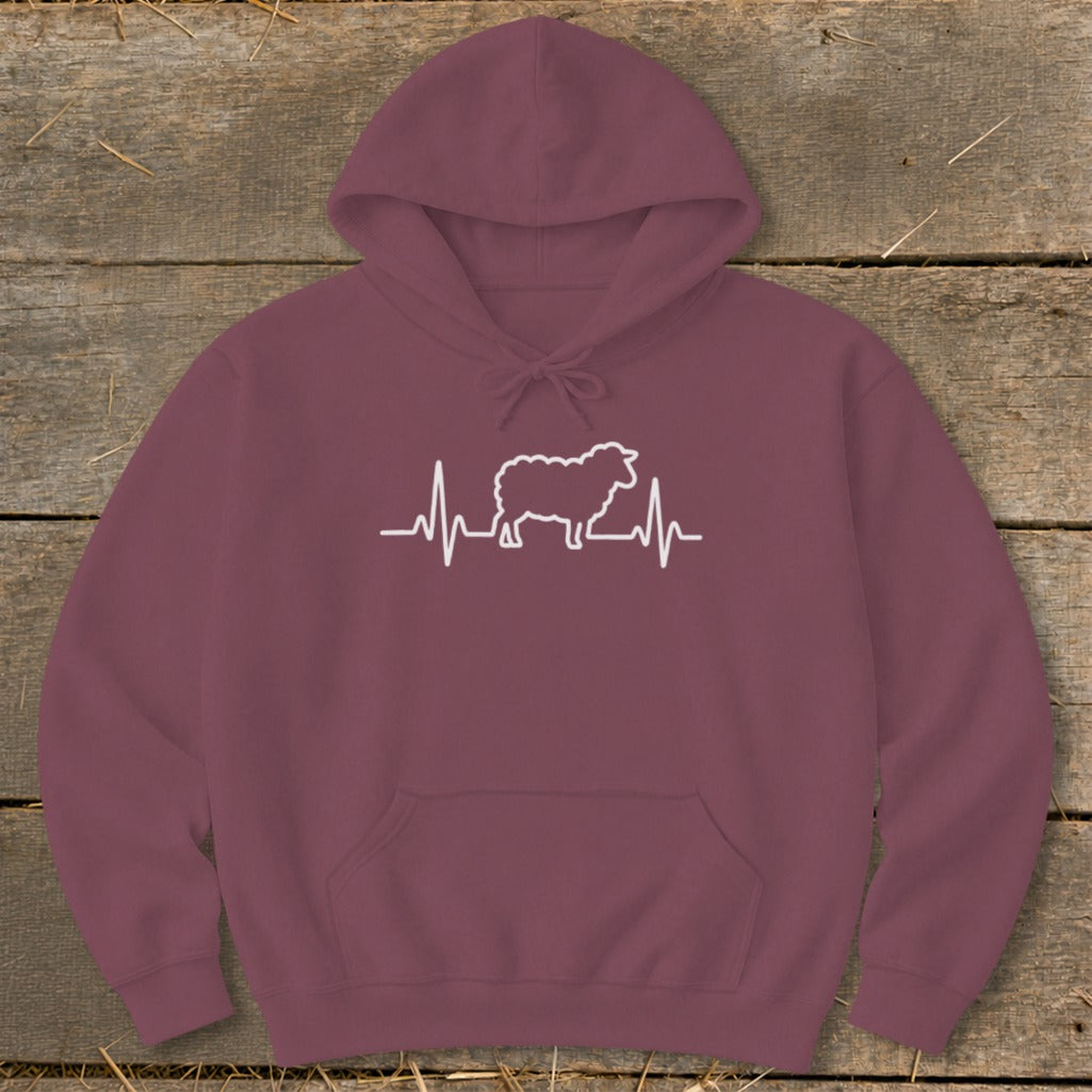 Maroon hoodie with a white graphic featuring a sheep silhouette integrated into a heartbeat line.