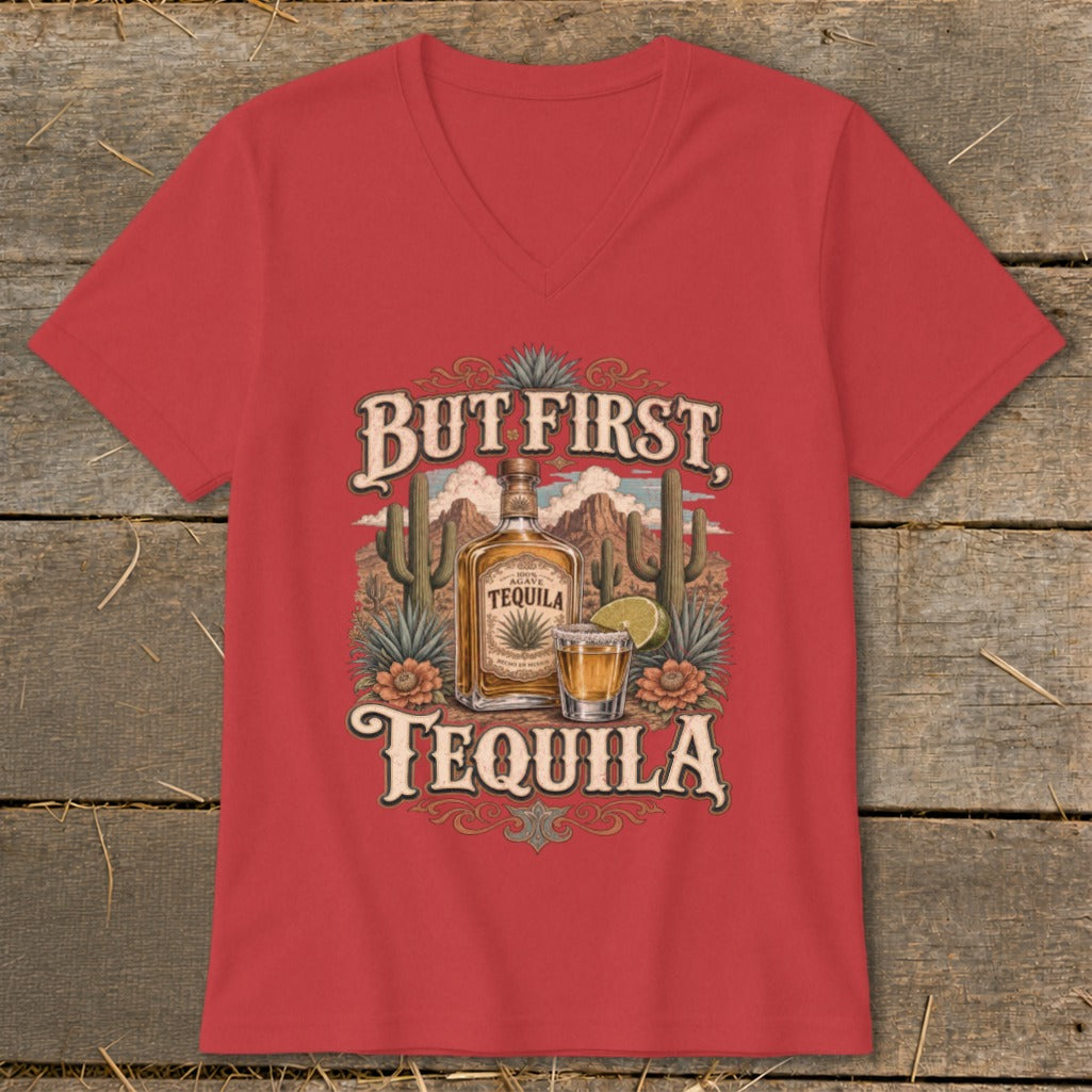 Red t-shirt with "But First, Tequila" text, a tequila bottle, shot glass, and desert landscape.