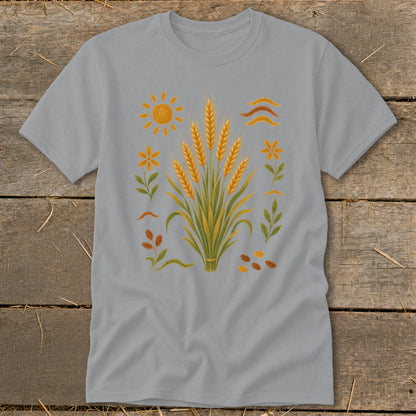 Grey t-shirt with an embroidered wheat stalk, sun, flowers, and seeds.
