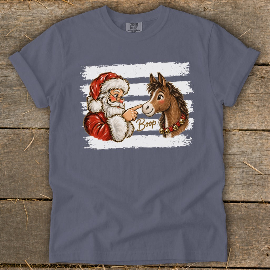 Santa booping a horse's nose with the word "Boop" on a distressed striped background.