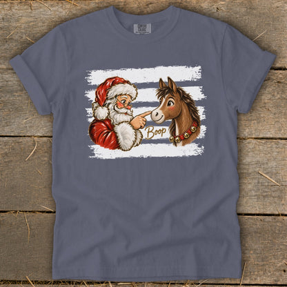 Santa booping a horse's nose with the word "Boop" on a distressed striped background.