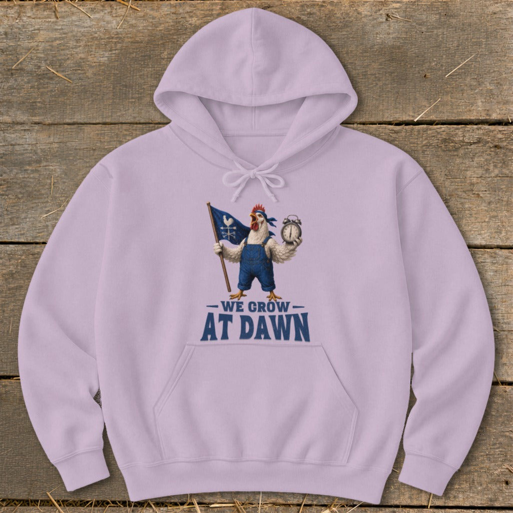 Light purple hoodie with a chicken holding a flag and alarm clock, reading "We Grow At Dawn."
