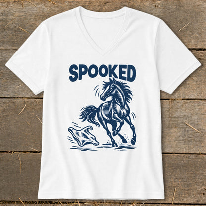 White v-neck t-shirt with navy blue "SPOOKED" text and horse startled by a ghost.