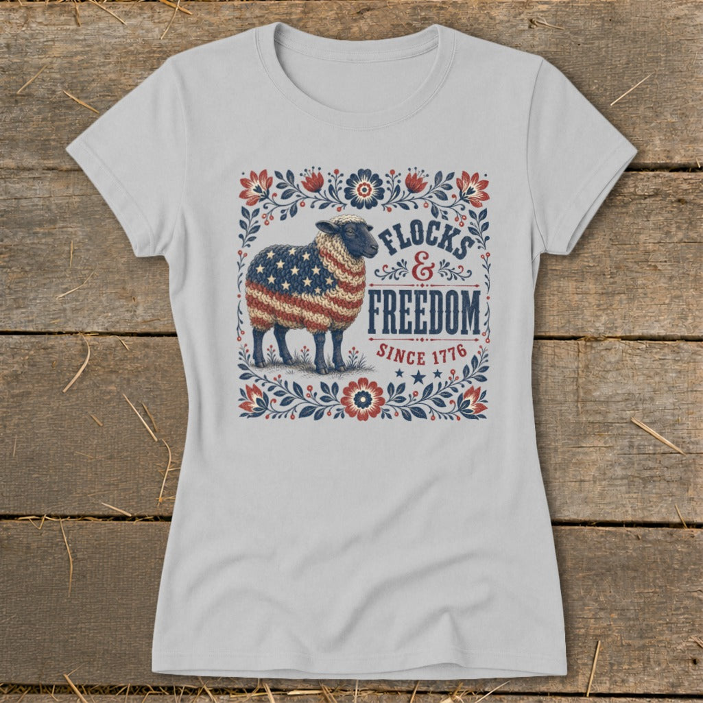Sheep with American flag pattern and "Flocks & Freedom Since 1776" text.