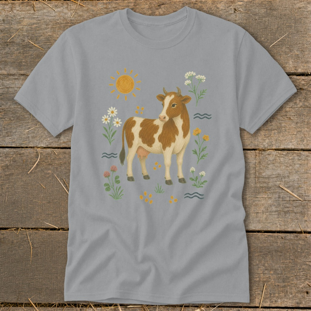 Gray t-shirt with illustration of a brown and white cow surrounded by flowers and a sun.