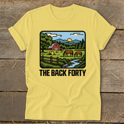 Yellow t-shirt featuring a farm graphic with horses, a red barn, and the text The Back Forty.